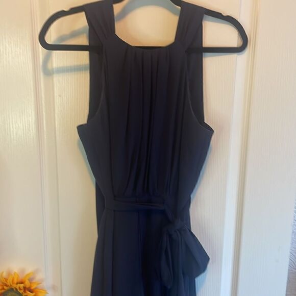 Vince Camuto Jumpsuit  Ruffle Neck Halter Wide Leg Navy Blue Stretch Sz. 4 - Picture 4 of 11